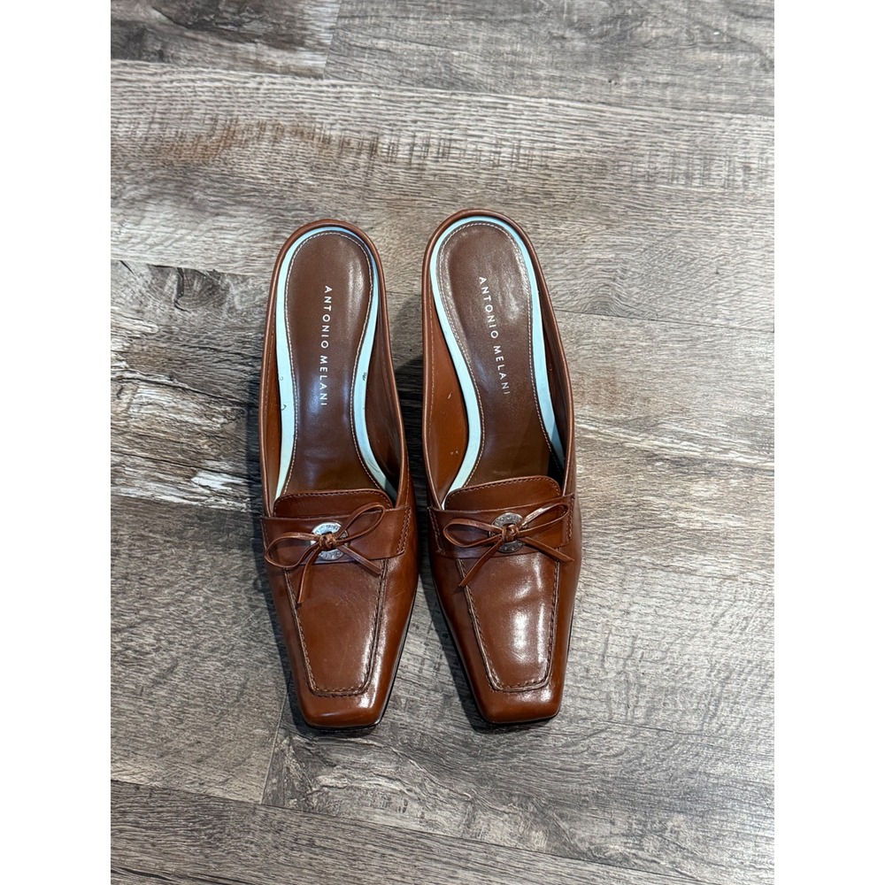 Antonio Melani Brown Leather Square Toe Loafer Mules Kitten Heel Bow Size 7.5M